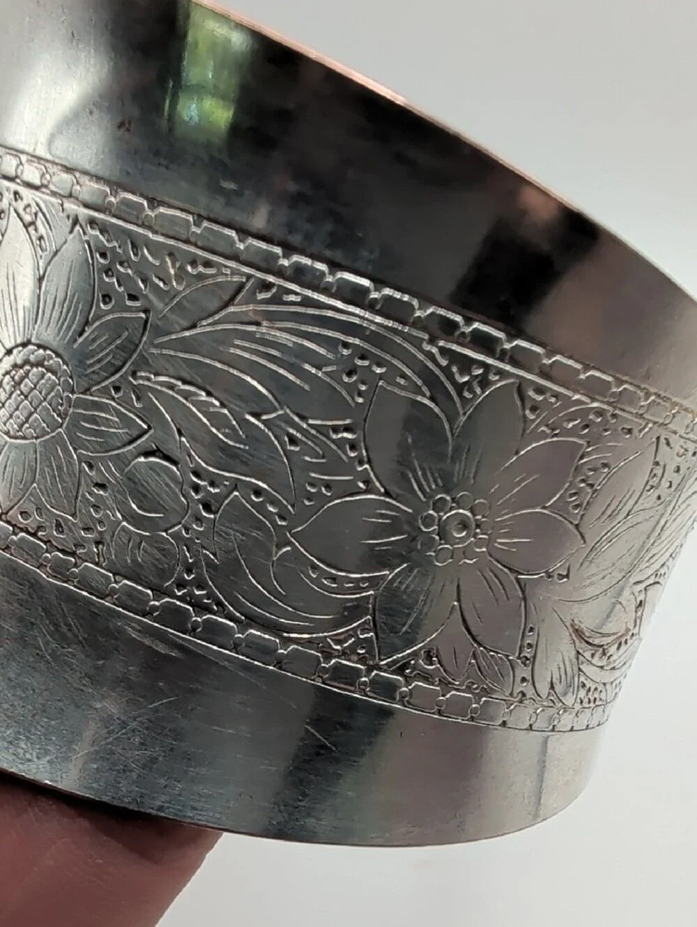 Engraved Floral Silver Cuff Bracelet